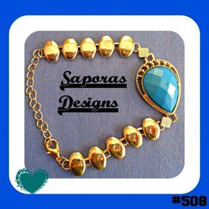 Gold Tone Bracelet With Blue Bead Egyptian Design For Girls/Teens